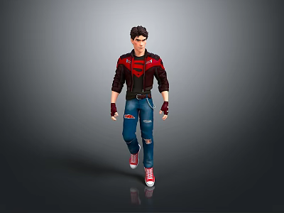 Man Wearing Red Black Jacket Blue Ripped Jeans Red Sneakers Standing on Gray Gradient Background 3d model