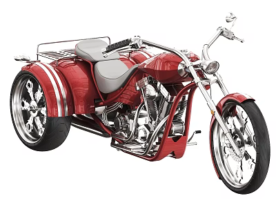 Red Motorcycle With Sidecar Chrome Wheels And Silver Stripes Custom Design 3d model