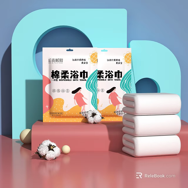 Cotton Soft Steamed Towel Products With Packaging Stacked White Towels And Cotton Balls 3d model 