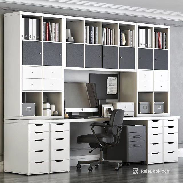 Organized Office Desk With Computer Bookshelves Folders Drawers And Black Chair 3d model 