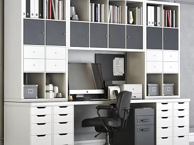 Organized Office Desk With Computer Bookshelves Folders Drawers And Black Chair 3d model