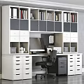 Organized Office Desk With Computer Bookshelves Folders Drawers And Black Chair