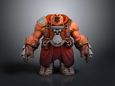 Strong Muscular Man In Orange Red Outfit With Leather And Metal Armor 3d model