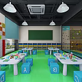 Colorful Kindergarten Classroom with White Tables Chairs Bookshelves and Playful Toys