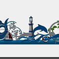 Vibrant Coastal Photo Spot With Lighthouse Dolphins Sailboat Waves And Palm Trees