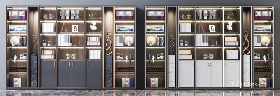 Elegant Modern Bookcase with Wooden Frame Glass Doors and Decorative Shelves 3d model 