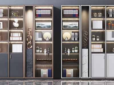 Elegant Modern Bookcase with Wooden Frame Glass Doors and Decorative Shelves 3d model