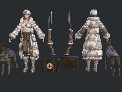 Woman In White Thick Coat With Hat Standing By Dogs Red Cross Boxes And Knives 3d model