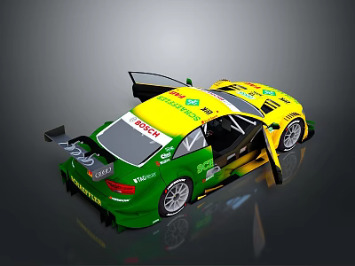 Audi Green And Yellow Race Car With Open Doors Rear Wing And Sponsor Logos 3d model