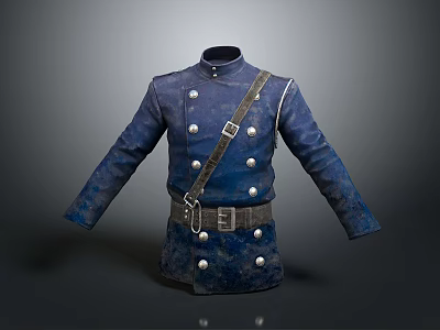 Classic Blue Military Coat With Metal Buttons Belt And Shoulder Strap Details 3d model