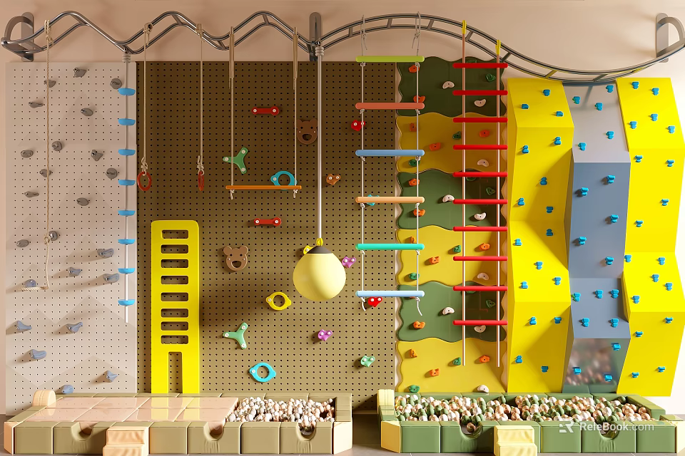 Indoor Playground Equipment With Colorful Climbing Walls Hanging Rings And Ladders 3d model 