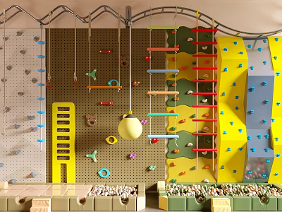 Indoor Playground Equipment With Colorful Climbing Walls Hanging Rings And Ladders 3d model