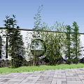 Lush Bamboo Garden Landscape With Circular Wall Decor And Slate Paved Ground