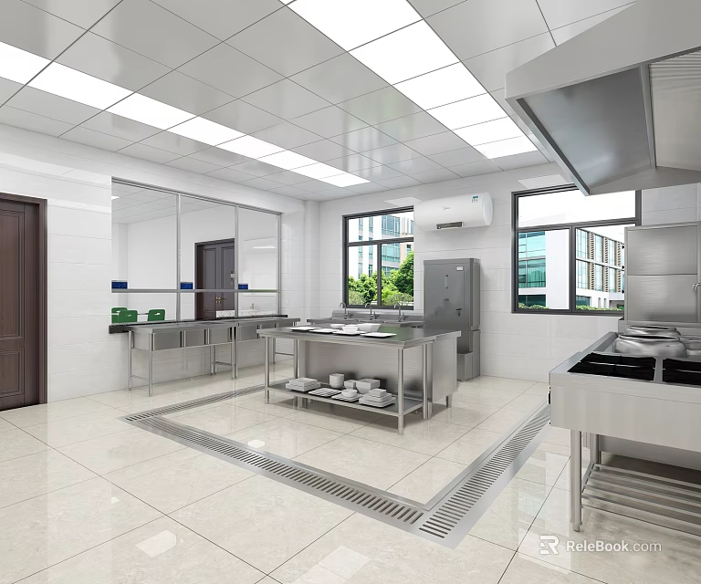 Commercial Kitchen Design With Stainless Steel Worktables Ventilation And Storage Cabinets 3d model 