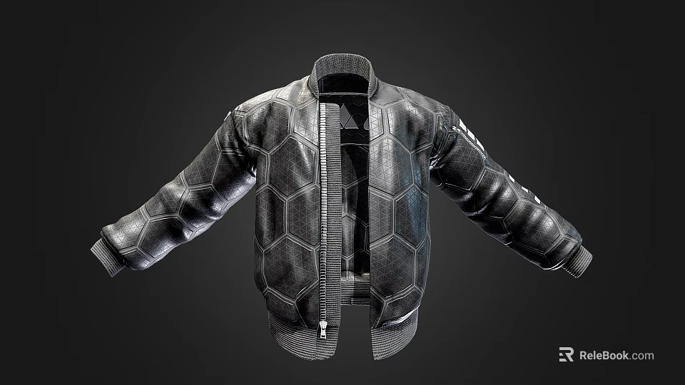 Stylish Black Leather Jacket with Hexagonal Pattern Front Zipper and Sleeve Design Details 3d model 