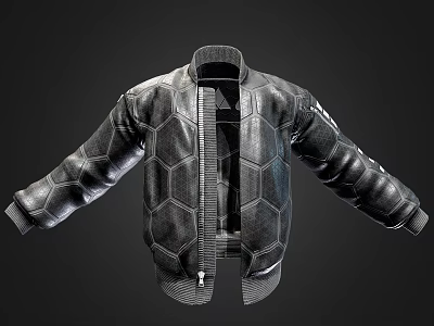 Stylish Black Leather Jacket with Hexagonal Pattern Front Zipper and Sleeve Design Details 3d model