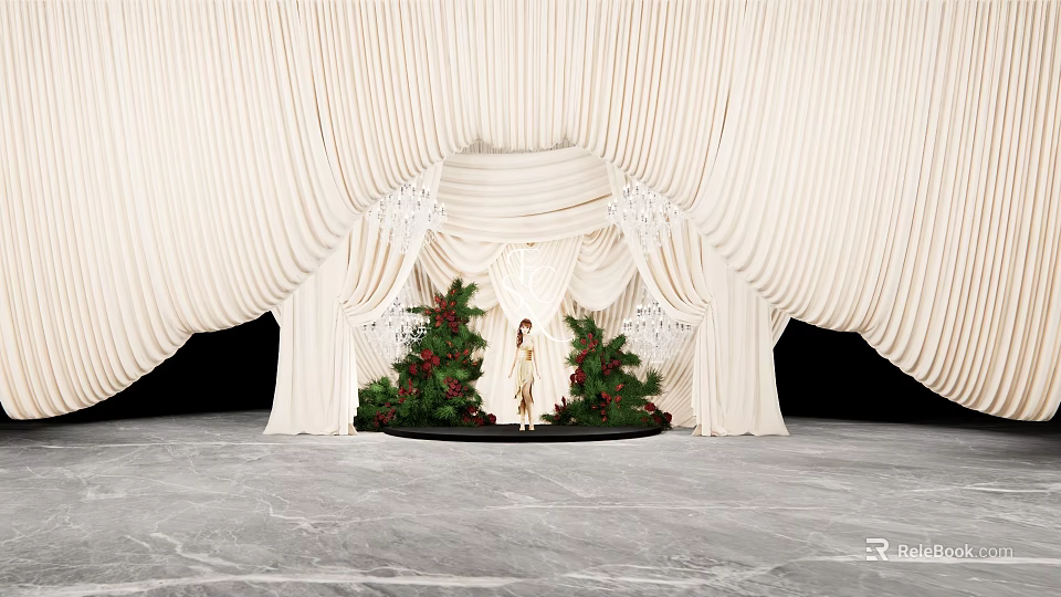 Elegant Photo Spot With White Draped Curtains Crystal Chandeliers And Christmas Trees 3d model 
