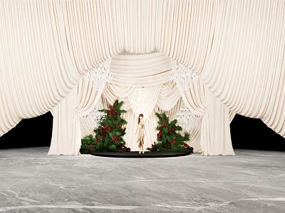 Elegant Photo Spot With White Draped Curtains Crystal Chandeliers And Christmas Trees 3d model