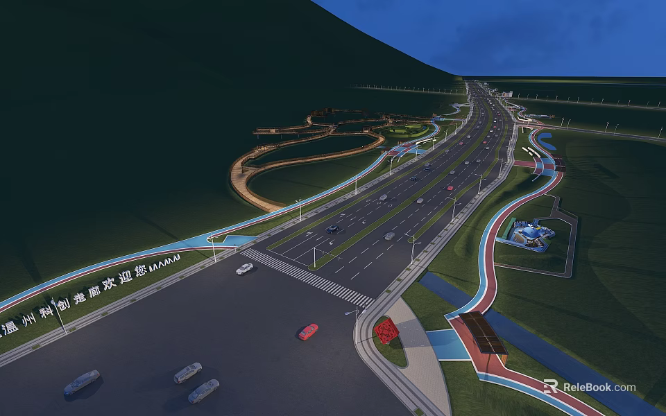 Municipal Road Design With Wide Lanes Green Belts Street Lamps And Scenic Surroundings 3d model 
