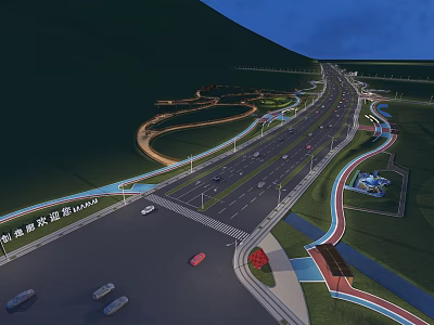 Municipal Road Design With Wide Lanes Green Belts Street Lamps And Scenic Surroundings 3d model