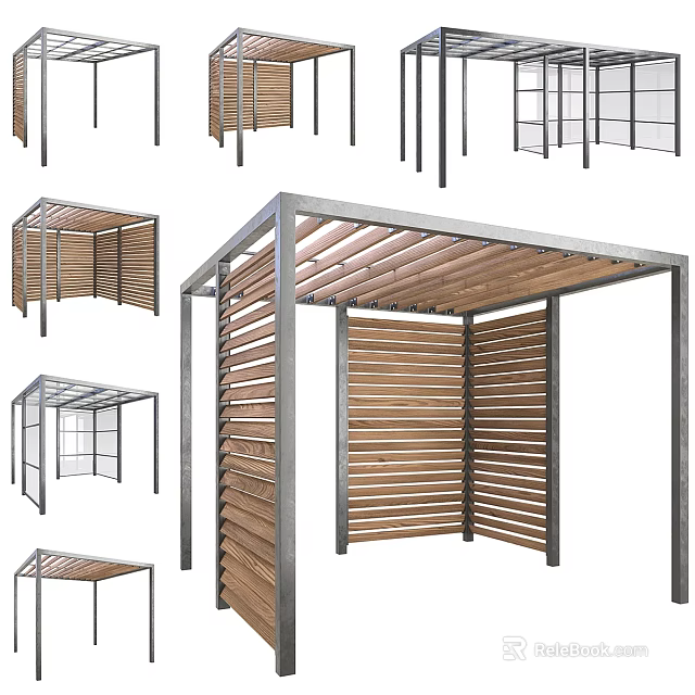 Multiple Styles Of Outdoor Pergola Structures For Outdoor Spaces With Wooden Slats And Metal Frames 3d model 