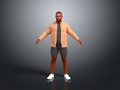 Man Standing In Beige Jacket Gray T-shirt Gray Shorts White Shoes On Gray Background 3d model