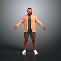 Man Standing In Beige Jacket Gray T-shirt Gray Shorts White Shoes On Gray Background