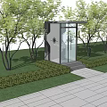 Modern Glass Pavilion Surrounded by Trees Trimmed Hedges and Stone Path 3d model