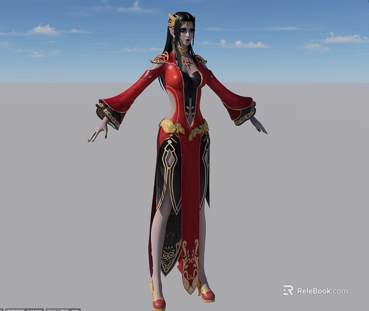 Traditional Woman In Red Robe With Golden Decorations Against Blue Sky 3d model 