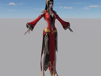 Traditional Woman In Red Robe With Golden Decorations Against Blue Sky 3d model