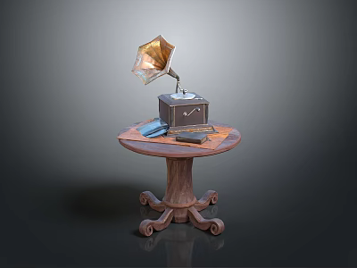 Vintage Gramophone On Wooden Table With Carved Legs And Small Items 3d model