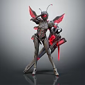 Game And Movie Character With Mechanical Red Wings Armored Suit Holding Large Futuristic Weapon