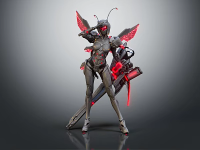 Game And Movie Character With Mechanical Red Wings Armored Suit Holding Large Futuristic Weapon 3d model