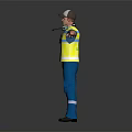 Man Standing in Yellow Reflective Vest Blue Work Uniform Cap Headphones With Arms Outstretched