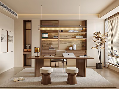 Modern Study Room Interior With Wooden Desk Laptop Shelves Books Decorative Items And Plant 3d model