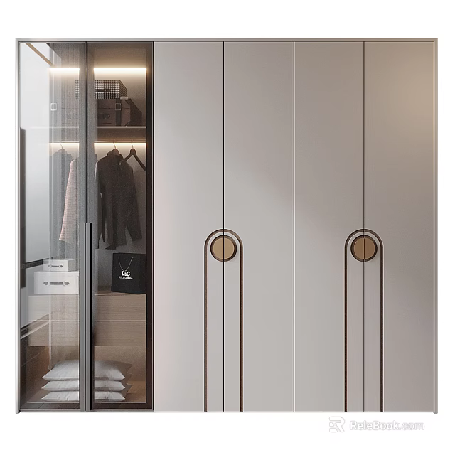 Modern Sleek Wardrobe With Double Doors Round Metal Handles And Light Color Design 3d model 