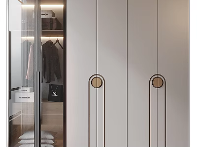 Modern Sleek Wardrobe With Double Doors Round Metal Handles And Light Color Design 3d model