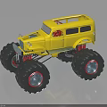 Yellow Monster Truck Toy Model With Large Red Trimmed Tires And Open Roof