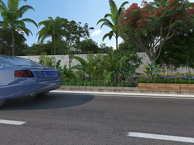 Road Facilities With White Lane Markings Green Plants Palm Trees And Flower Beds Along Roadway 3d model