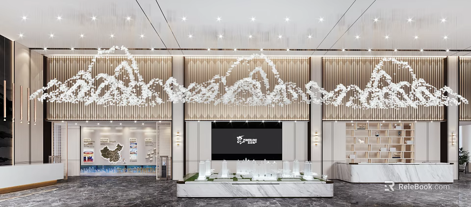 Modern Sales Office Interior With Mountain Shaped Decorative Lights Marble Countertop And Sand Table Model 3d model 