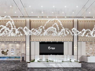 Modern Sales Office Interior With Mountain Shaped Decorative Lights Marble Countertop And Sand Table Model 3d model