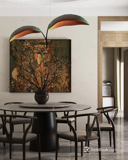 Elegant Restaurant Interior Featuring Round Dining Table Chairs Decorative Artwork And Vase With Branches 3d model