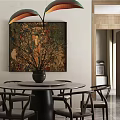 Elegant Restaurant Interior Featuring Round Dining Table Chairs Decorative Artwork And Vase With Branches 3d model