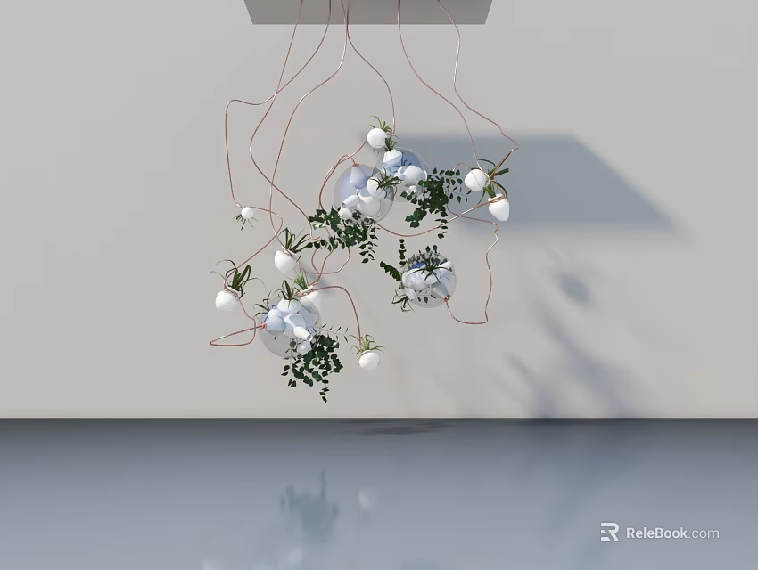 Swing Door with Hanging White Spherical Decor Green Leaves and Copper Wires on Light Wall 3d model 