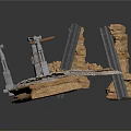 3D Model Bridge Components Featuring Stone Base Metal Supports And Wooden Beams