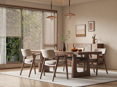 Modern Restaurant Interior With Open Dining Space Wooden Table Pendant Lights And Decorative Paintings 3d model