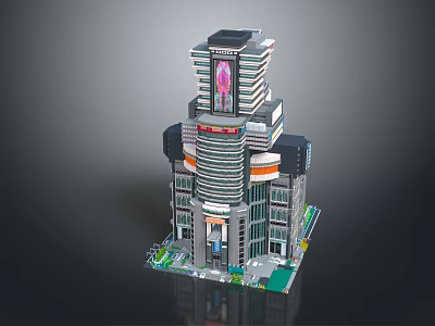 Cartoon High Rise Building with Colorful Layers Glass Facade and Green Base 3d model