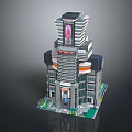 Cartoon High Rise Building with Colorful Layers Glass Facade and Green Base