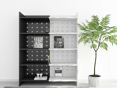 Modern Black and White Bookcase With Multiple Shelves Books Decorative Items and Potted Plant 3d model