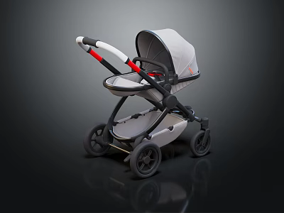 Modern Light Gray Baby Stroller With Red Accent Handle And Black Wheels 3d model
